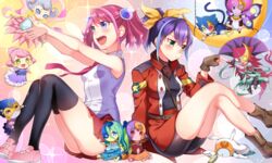  2girls :d aria_the_melodious_diva bike_shorts bloom_diva_the_melodious_choir blue_eyes blue_hair blush bow bracelet_girls canon_the_melodious_diva commentary_request domino_mask duel_monster fingerless_gloves gloves green_eyes hair_ornament hairbow highres hiiragi_yuzu jacket kat_(bu-kunn) lunalight_blue_cat lunalight_cat_dancer lunalight_purple_butterfly lunalight_white_rabbit mask multicolored_hair multiple_girls necktie open_mouth opera_the_melodious_diva pink_hair ponytail school_uniform serena_(yu-gi-oh!) short_twintails sleeveless smile sonata_the_melodious_diva thighhighs twintails two-tone_hair yu-gi-oh! yu-gi-oh!_arc-v zettai_ryouiki 