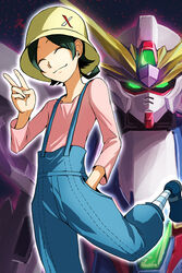  1boy closed_eyes commentary_request green_eyes green_hair gundam gundam_build_fighters gundam_x_maoh hand_in_pocket hat highres mecha overalls projected_inset robot rokito smile socks striped_clothes striped_socks v yasaka_mao 