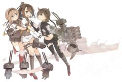  akizuki_(destroyer) akizuki_(kantai_collection) bad_id bad_pixiv_id banned_artist blue_eyes blush bodysuit boots braid breasts brown_hair chou-10cm-hou-chan chou-10cm-hou-chan_(hatsuzuki&#039;s) gloves grey_eyes grey_footwear hair_flaps hair_ornament hairband hatsuzuki_(kantai_collection) headband highres kantai_collection knee_boots light_brown_hair long_hair multiple_girls neckerchief open_mouth pleated_skirt ponytail pout propeller_hair_ornament red_footwear school_uniform serafuku short_hair skirt small_breasts smile teruzuki_(kantai_collection) thighhighs torn_bodysuit torn_clothes twin_braids yellow_eyes yopan_danshaku 