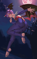  animal_print bat_(animal) bat_print bat_wings blue_pantyhose bridal_gauntlets commentary demon_girl feet female flying full_moon grin head_wings highres lasterk leotard lilith_aensland looking_at_viewer moon night no_shoes outstretched_arm pantyhose photoshop_(medium) print_leggings purple_hair red_eyes red_leotard red_moon revision short_hair smile soles solo stirrup_legwear toeless_legwear toes vampire_(game) wings 