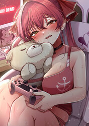  absurdres alternate_costume arrow_through_heart black_choker blush breasts chair choker controller cropped_shirt female game_controller gaming_chair hair_ribbon heterochromia highres hinoki_kahun0 holding holding_controller holding_game_controller hololive houshou_marine large_breasts long_hair looking_at_viewer open_mouth pillow red_eyes red_hair red_ribbon red_shirt red_shorts ribbon shirt short_shorts shorts solo swivel_chair twintails virtual_youtuber yellow_eyes 