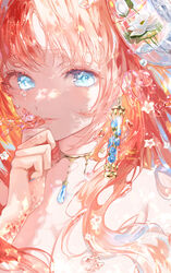  artist_name bare_shoulders blue_eyes blue_flower blue_gemstone blue_nails breasts bubble cleavage closed_mouth commentary crying crying_with_eyes_open earrings female fish flower gem genshin_impact hand_up hyatsu jewelry long_hair looking_at_viewer nilou_(genshin_impact) orange_hair signature solo tears upper_body 