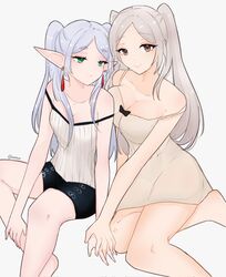  2girls alternate_costume bare_shoulders black_shorts breast_press breasts brown_eyes cleavage cosplay costume_switch drop_earrings earrings elf english_commentary eyes_of_grima fire_emblem fire_emblem_awakening frieren green_eyes grey_hair hairstyle_connection highres holding_hands jewelry large_breasts long_hair multiple_girls nightgown parted_bangs pointy_ears robin_(female)_(fire_emblem) robin_(fire_emblem) serafineart1001 shorts simple_background small_breasts smile sousou_no_frieren strap_slip trait_connection twintails twitter_username white_background white_hair white_nightgown 