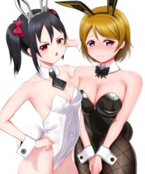  2girls angry animal_ears black_hair blanc_(nikke) blanc_(nikke)_(cosplay) blush bow bowtie breasts brown_hair cleavage cosplay detached_collar embarrassed fake_animal_ears fake_tail fishnet_pantyhose fishnets goddess_of_victory:_nikke hairbow hand_on_own_hip highres koizumi_hanayo kubo_yurika looking_at_viewer love_live! love_live!_school_idol_project medium_breasts medium_hair multiple_girls necktie noir_(nikke) noir_(nikke)_(cosplay) open_mouth pantyhose pink_eyes playboy_bunny rabbit_ears rabbit_tail red_bow red_eyes rice_natto short_hair shy small_breasts sweatdrop tail tearing_up tokui_sora twintails voice_actor_connection white_background wrist_cuffs yazawa_nico 