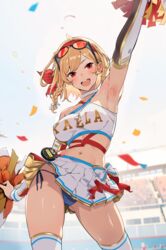  alternate_costume arm_behind_back arm_up armpits ass_visible_through_thighs bare_shoulders blonde_hair blue_panties braid breasts cheerleader commentary confetti contrapposto covered_nipples cowboy_shot crop_top detached_sleeves english_commentary eyewear_on_head female from_below hairband highres holding holding_pom_poms hololive hololive_indonesia kaela_kovalskia medium_breasts medium_hair midriff miniskirt navel open_mouth outdoors panties pantyshot pleated_skirt pom_pom_(cheerleading) popo_(popo0cat) presenting_armpit red_eyes revision ribs side-tie_panties side_braid skirt smile solo stadium standing sweat thighhighs thighs tinted_eyewear underwear virtual_youtuber zettai_ryouiki 