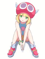  amitie_(puyopuyo) blonde_hair blue_shirt blush bracelet female green_eyes hat highres jazz_grace jewelry looking_at_viewer on_ground own_hands_together puyopuyo puyopuyo_fever red_footwear red_hat shirt short_hair shorts simple_background solo white_background white_wings winged_hat wings 