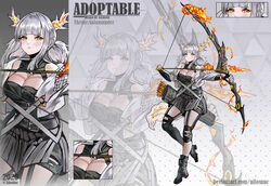  2020 adoptable allosauc animal_ears arrow_(projectile) artist_name asymmetrical_legwear belt belt_buckle black_bag black_belt black_collar black_footwear black_shirt black_skirt black_sleeves black_socks blunt_bangs boots bow_(weapon) breasts buckle cleavage close-up closed_mouth collar commentary cowboy_shot cropped_jacket detached_collar deviantart_username drawing_bow english_commentary english_text eyelashes female frown full_body gradient_background grey_background highres holding holding_arrow holding_bow_(weapon) holding_weapon huge_breasts jacket knee_pads kneehighs layered_sleeves light_blush lizard_tail long_sleeves looking_at_viewer low_twintails medium_hair miniskirt multiple_views open_clothes open_jacket original personification polka_dot polka_dot_background salamander salamander_ears shirt shoe_belt short_twintails sidelocks simple_background single_kneehigh single_sock skirt sleeves_past_wrists socks strapless strapless_shirt tail triangle_background triangular_tiling_background twintails weapon white_hair white_jacket white_sleeves yellow_eyes zoom_layer 