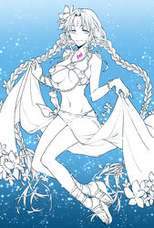  bare_legs bikini bracelet braid breasts chest_tattoo closed_mouth fate/grand_order fate_(series) female flower forehead_tattoo full_body gladiator_sandals gradient_background greyscale_with_colored_background hair_flower hair_ornament highres jewelry large_breasts long_hair looking_at_viewer monochrome natsume_(pixiv484205) navel necklace parted_bangs pearl_bracelet pearl_necklace platform_footwear sandals sarong sarong_hold sessyoin_kiara sessyoin_kiara_(swimsuit_mooncancer) sessyoin_kiara_(swimsuit_mooncancer)_(first_ascension) shell shell_necklace sidelocks smile solo spot_color swimsuit tattoo twin_braids very_long_hair 