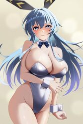  bare_shoulders blue_bow blue_bowtie blue_eyes blush bow bowtie braid breasts detached_collar embarrassed female goddess_of_victory:_nikke helm_(nikke) highleg highleg_leotard highres large_breasts leotard long_hair looking_at_viewer milmil7 playboy_bunny silver_leotard skindentation solo strapless strapless_leotard wrist_cuffs 