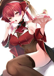  absurdres ascot birthday_cake blush breasts brown_thighhighs cake cake_slice coat cropped_vest eating female food gold_trim happy_birthday hat heart heterochromia highres hinoki_kahun0 holding holding_plate hololive houshou_marine houshou_marine_(1st_costume) large_breasts leotard long_hair no_eyepatch off_shoulder pirate_hat plate red_ascot red_eyes red_hair red_vest simple_background sitting solo thighhighs thighs tongue tongue_out twintails vest virtual_youtuber white_background yellow_eyes 