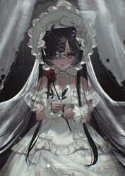  bare_shoulders black_hair black_nails bow breasts chromatic_aberration cleavage commentary_request commission cowboy_shot dress female fingernails flower frilled_dress frills gem gothic_lolita hair_flower hair_ornament hair_over_one_eye hairbow highres holding holding_flower jewelry lace_trim lolita_fashion long_dress long_hair looking_at_viewer medium_breasts nail_polish original parted_lips pearl_(gemstone) pearl_hair_ornament pendant red_flower red_rose rose skeb_commission solo veil watermark white_bow white_dress white_flower wrist_cuffs x_hair_ornament yellow_eyes youichi_(45_01) 