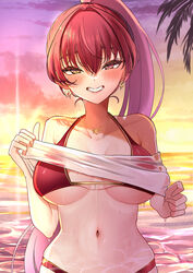  absurdres bikini blush breasts collarbone earrings female grin heart heart_earrings heart_necklace heterochromia high_ponytail highres hinoki_kahun0 hololive houshou_marine houshou_marine_(summer) jewelry large_breasts long_hair looking_at_viewer navel necklace ocean official_alternate_costume ponytail red_bikini red_eyes red_hair sky smile solo stomach sunset swimsuit teeth very_long_hair virtual_youtuber water wet yellow_eyes 