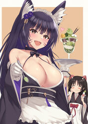  2girls animal_ear_fluff animal_ears apron azur_lane black_kimono bow breasts brown_hair cleavage commentary_request eating facial_mark flower fox_ears frilled_gloves frilled_hairband frills gloves hairband hairbow heart highres holding holding_spoon holding_tray itaba_atsushi japanese_clothes kimono large_breasts long_hair long_sleeves looking_at_viewer maid maid_headdress multiple_girls musashi_(azur_lane) musashi_(violet_moonglow)_(azur_lane) official_alternate_costume open_mouth parfait purple_flower purple_hair sakawa_(azur_lane) sakawa_(the_colors_of_love)_(azur_lane) spoon tray wa_maid waist_apron whisker_markings white_apron white_gloves wide_sleeves yellow_eyes 