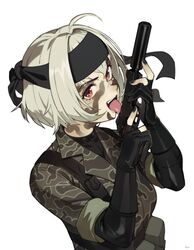  ahoge black_nails breasts cosplay female from_side gloves grey_hair gun handgun highres holding holding_gun holding_weapon indie_virtual_youtuber licking licking_weapon long_sleeves looking_at_viewer metal_gear_(series) metal_gear_solid_3:_snake_eater military military_uniform nail_polish open_mouth optionaltypo red_eyes saruei_(vtuber) scar scar_across_eye smith_&amp;_wesson smith_&amp;_wesson_model_39 solo the_fear the_fear_(cosplay) tongue tongue_out uniform virtual_youtuber weapon 