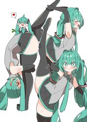  &gt;_&lt; :d absurdres aqua_eyes aqua_hair aqua_necktie aqua_skirt arm_around_leg armpits bent_over black_sleeves bright_pupils character_doll closed_eyes female flexible frontbend grey_shirt hand_on_own_leg hatsune_miku highres leg_hold leg_lift leg_up long_hair miniskirt multiple_views necktie open_mouth shirt shoulder_tattoo skindentation skirt smile split spring_onion standing standing_on_one_leg standing_split stretching tattoo thick_thighs thighhighs thighs twintails uruti_2388 vocaloid white_pupils zettai_ryouiki 