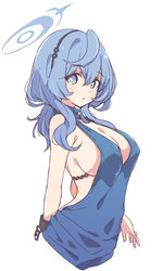  :o ako_(blue_archive) ako_(dress)_(blue_archive) arm_behind_back backless_dress backless_outfit bare_shoulders blue_archive blue_dress blue_eyes blue_hair blue_halo breasts cleavage cropped_torso cuffs dress female from_side hair_between_eyes halo highres large_breasts looking_at_viewer medium_hair mel_(melty_pot) official_alternate_costume parted_lips plunging_neckline shackles sideboob sideless_dress simple_background single_handcuff sleeveless sleeveless_dress solo standing upper_body white_background 