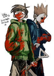  2boys antenna_hair black_eyes blood blood_on_clothes blood_on_face blood_on_hands brown_hair brown_pants commentary_request constricted_pupils copyright_name cowboy_shot denpa_shougai edd_(eddsworld) eddsworld english_text episode_title frown furrowed_brow hand_in_pocket highres holding holding_shovel long_sleeves looking_at_self looking_at_viewer male_focus multiple_boys pants profile sanpaku scowl short_hair shovel side-by-side simple_background solid_eyes spiked_hair standing tom_(eddsworld) white_background 