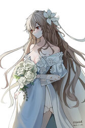  absurdres artist_name bare_shoulders bouquet breasts brown_hair cleavage commentary_request dangle_earrings dated double-parted_bangs dress earrings female flower girls&#039;_frontline hair_between_eyes hair_flower hair_ornament hair_ribbon highres holding holding_bouquet jewelry long_hair long_sleeves medium_breasts official_alternate_costume puffy_sleeves red_eyes ribbon sakatakin simple_background solo sp9_(drifting_snow)_(girls&#039;_frontline) sp9_(girls&#039;_frontline) very_long_hair white_background white_dress white_flower white_ribbon 