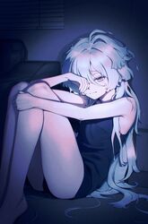  bare_arms bare_legs closed_mouth couch dark_room dim_lighting female full_body grey_eyes gundam gundam_suisei_no_majo hair_between_eyes hair_over_one_eye hand_on_own_knee hand_over_eye highres knees_up legs long_hair looking_at_viewer messy_hair miorine_rembran mwoji sad short_shorts shorts sleeveless solo tank_top thighs white_hair window_blinds 