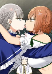  3girls :3 anger_vein bare_shoulders blue_eyes breasts closed_mouth clothing_cutout commentary french_kiss frieren from_side grey_hair highres kanne_(sousou_no_frieren) kissing large_breasts lawine_(sousou_no_frieren) long_hair multiple_girls open_mouth orange_eyes orange_hair saliva short_hair shoulder_cutout side_ponytail sky-freedom sousou_no_frieren thick_eyebrows tongue tongue_out yuri 