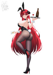  absurdres alcohol animal_ears arm_strap ass azur_lane backless_leotard black_footwear black_horns black_leotard black_pantyhose breasts card commentary_request curled_horns detached_collar fake_animal_ears fake_tail female from_side full_body high_heels highres hindenburg_(azur_lane) hindenburg_(delirious_duel)_(azur_lane) holding holding_tray horns huge_breasts leotard long_hair looking_at_viewer nanqizizhou official_alternate_costume pantyhose playboy_bunny playing_card pointy_ears rabbit_ears rabbit_tail red_eyes red_hair red_wine shoes simple_background solo stiletto_heels strapless strapless_leotard tail translation_request tray very_long_hair white_background white_wrist_cuffs wine wrist_cuffs 