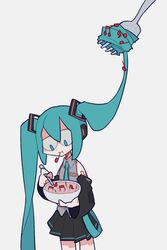  :t aqua_eyes aqua_hair aqua_necktie bare_shoulders beamed_eighth_notes black_skirt black_sleeves bmp-to-png_conversion bowl chinese_commentary closed_mouth collared_shirt commentary_request detached_sleeves eating expressionless female fork grey_shirt hair_as_food hatsune_miku highres holding holding_bowl long_hair miniskirt musical_note necktie oversized_object pleated_skirt quarter_note shirt shoulder_tattoo simple_background skirt sleeveless sleeveless_shirt solo tattoo twintails very_long_hair vocaloid white_background zhepsikn 