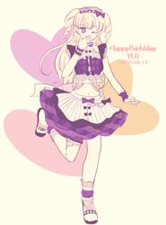  :d ;d absurdres apron argyle_bow argyle_clothes argyle_skirt back_bow black_bow black_skirt blonde_hair bow bow_choker choker crop_top female frilled_apron frilled_cuffs frilled_skirt frills hairbow hand_to_own_mouth hands_up happy_birthday heart heart_background highres hutaba_0718 idol idol_time_pripara large_bow long_hair looking_at_viewer maid maid_headdress midriff multicolored_clothes multicolored_skirt navel one_eye_closed open_mouth pretty_series pripara purple_bow purple_choker purple_eyes purple_skirt sandals shiny_skin signature skirt smile solo standing standing_on_one_leg summer_maid_coord two_side_up unconventional_maid waist_apron white_apron wrist_cuffs yumekawa_yui 