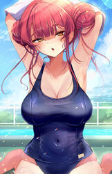  absurdres barefoot blue_one-piece_swimsuit blue_sky blush breasts cleavage cloud collarbone covered_navel female heterochromia highres hinoki_kahun0 hololive houshou_marine large_breasts long_hair one-piece_swimsuit open_mouth outdoors red_eyes red_hair sitting sky solo swimsuit teeth thighs virtual_youtuber yellow_eyes 