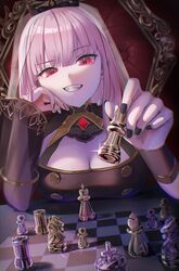  bishop_(chess) black_cape black_dress black_eyeliner black_nails blunt_bangs board_game breast_rest breasts breasts_on_table buttons cape chair chess chess_piece chessboard cleavage dress eyelashes eyeliner fangs female hair_between_eyes head_rest highres holding_chess_piece hololive hololive_english king_(chess) knight_(chess) large_breasts long_hair makeup mori_calliope mori_calliope_(1st_costume) nail_polish open_clothes pawn_(chess) pink_hair playing_chess playing_games queen_(chess) red_eyes rook_(chess) sakurano.neko sitting smile solo spiked_cape table teeth tiara veil virtual_youtuber 