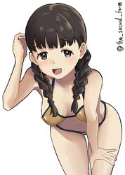  absurdres alternate_costume bikini black_hair braid breasts brown_bikini brown_eyes female highres kantai_collection landing_ship_no._101_(kancolle) leaning_forward long_hair one-hour_drawing_challenge simple_background small_breasts smile solo swimsuit the_second_form twin_braids twitter_username white_background 