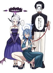  1boy 2girls ako_(blue_archive) ako_(dress)_(blue_archive) backless_dress backless_outfit bead_necklace beads black_horns blue_archive blue_dress blue_hair blue_halo breasts cuffs dangle_earrings demon_horns demon_wings doodle_sensei_(blue_archive) dress earrings elbow_gloves gloves halo heart heart_hands highres hina_(blue_archive) hina_(dress)_(blue_archive) horns jewelry leash long_hair low_wings mechanical_halo multicolored_halo multiple_girls multiple_horns necklace necktie official_alternate_costume official_alternate_hairstyle paw_pose pendant pink_halo purple_dress purple_gloves purple_wings sensei_(blue_archive) shackles sideboob sideless_dress single_handcuff sleeveless speech_bubble squatting strapless strapless_dress suzume_b translation_request two-tone_halo wings 