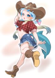  alternate_costume blue_eyes blue_hair blue_skirt boots bow braid breasts brown_footwear brown_hat cowboy_boots cowboy_hat cowgirl_(western) female fins fish_tail gawr_gura grey_hair hair_ornament hairbow hairpin hat highres hololive hololive_english looking_at_viewer medium_hair moral_cacoethes multicolored_hair open_mouth panties pink_bow red_shirt scarf shark_girl shark_tail shirt skirt small_breasts solo streaked_hair tail tied_shirt twin_braids underwear virtual_youtuber white_background white_panties white_scarf 