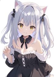  animal_ear_fluff animal_ears bare_shoulders black_dress breasts cat_ears cat_girl dress female frilled_sleeves frills grey_hair highres long_hair long_sleeves looking_at_viewer medium_breasts natsuki_(natsu_1936) off-shoulder_dress off_shoulder original puffy_long_sleeves puffy_sleeves simple_background smile two_side_up white_background 