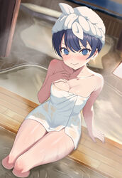  @_@ absurdres alternate_hairstyle blue_eyes blue_hair breasts cleavage dark_blue_hair female highres link!_like!_love_live! love_live! medium_breasts medium_hair mole mole_on_neck murano_sayaka naked_towel onsen see-through sitting solo steam tearing_up thighs towel towel_on_head water wet wet_towel zanpon 