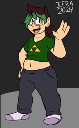  2024 bottomwear brown_hair clothed clothing eyewear footwear gesture glasses green_hair hair highlights_(coloring) human ifra ifra_strawberrii male mammal midriff navel nintendo not_furry open_mouth open_smile pants signature smile socks the_legend_of_zelda triforce waving 