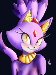  3:4 blaze_the_cat choker domestic_cat felid feline felis female forehead_gem fur gem humanoid jewelry mammal nahadon necklace portrait purple_body purple_fur sega smile smiling_at_viewer solo sonic_the_hedgehog_(series) yellow_eyes 