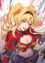  :d armor bikini_armor black_hairband blonde_hair blue_eyes breasts cleavage commentary_request er_gou_daoren female gauntlets granblue_fantasy hair_intakes hairband hand_on_own_hip holding holding_polearm holding_weapon large_breasts long_hair looking_at_viewer miniskirt polearm red_armor skirt smile solo twintails weapon zeta_(granblue_fantasy) 