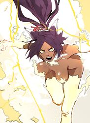  absurdres alternate_form animal_ears bare_shoulders bent_over bleach bleach:_sennen_kessen-hen bouncing_breasts breasts breasts_apart cat_ears cat_girl commentary covered_nipples dark-skinned_female dark_skin elbow_gloves electricity electrokinesis english_commentary fangs female fiery_background fiery_nipples fire floating_hair foot_out_of_frame forehead gloves hanging_breasts highres imminent_jump isaacchief300 large_breasts lightning looking_up nude open_mouth outstretched_arm parted_bangs ponytail purple_hair shihouin_yoruichi solo teeth thigh_gap thighhighs v-shaped_eyebrows yellow_eyes yellow_fire 