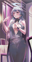  absurdres ako_(blue_archive) ako_(dress)_(blue_archive) bare_arms bare_shoulders blue_archive blue_dress blue_eyes blue_hair blue_halo blush breasts cowboy_shot cuffs dance_arm dress earrings female halo hand_up highres indoors jewelry large_breasts long_hair official_alternate_costume open_mouth plunging_neckline see-through shackles sideless_dress single_handcuff sleeveless sleeveless_dress solo standing sweat 