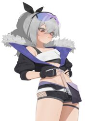  black_jacket black_shorts breasts commentary_request cowboy_shot cropped_jacket crossed_bangs eyewear_on_head female fingerless_gloves flasso fur-trimmed_jacket fur_trim gloves goggles goggles_on_head gradient-tinted_eyewear grey_hair hair_ribbon heart heart-shaped_pupils highres holding_ruler honkai:_star_rail honkai_(series) jacket midriff open_mouth orange_eyes partial_commentary penis_measuring purple-tinted_eyewear ribbon ruler shadow shirt short_shorts shorts silver_wolf_(honkai:_star_rail) simple_background single-shoulder_shirt small_breasts solo sweat sweatdrop symbol-shaped_pupils tinted_eyewear white_background 