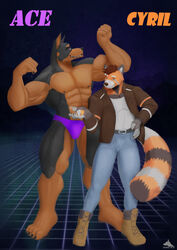  5_fingers abs absurd_res ailurid anthro areola biped black_body black_fur black_nose brown_body brown_fur brown_hair bulge canid canine canis claws clothed clothing d6 dice dobermann dobie-ace domestic_dog duo fangs finger_claws fingers fully_clothed fur green_eyes hair hi_res male male/male mammal muscular muscular_anthro muscular_male nipples orange_body orange_fur pecs pinscher plantigrade purple_eyes red_panda teeth topless 