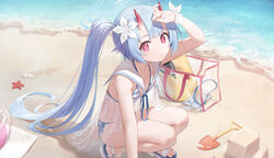  absurdres animal ass beach bikini blue_archive blue_hair breasts chise_(blue_archive) chise_(swimsuit)_(blue_archive) day female flower gradient_horns hair_flower hair_ornament highres horns long_hair looking_at_viewer multicolored_horns ocean official_alternate_costume outdoors parted_lips ponytail red_eyes red_horns sandals skin-covered_horns small_breasts soeyumi solo squatting starfish striped_bikini striped_clothes swimsuit white_flower 