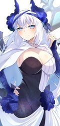  blue_eyes breasts cape cleavage detached_sleeves dress fate/grand_order fate_(series) female grey_hair hand_on_own_hip highres large_breasts long_hair morgan_le_fay_(apex)_(fate) morgan_le_fay_(fate) split-color_clothes umi_endu white_cape 