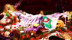  birdcage blonde_hair blood book bug butterfly cage candle commentary_request cup doll dress elise_(idors-taitania) eyeball female flower grass green_eyes jack-in-the-box knife lily_(flower) lying majo_no_ie music_box petals photoshop_(medium) pumpkin red_flower red_rose rope rose skull spider stuffed_animal stuffed_toy teacup teddy_bear viola_(majo_no_ie) white_dress 