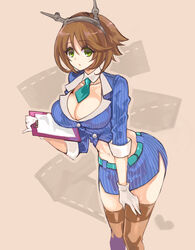  aki_(o2x_x2o) alternate_costume bad_id bad_pixiv_id breasts brown_hair cleavage clipboard female gloves green_eyes hairband kantai_collection large_breasts leaning_forward midriff mutsu_(kancolle) navel necktie open_mouth short_hair solo thighhighs 