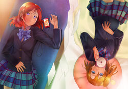  2girls alternate_hair_length alternate_hairstyle arm_around_shoulder bag blush closed_eyes coffee inuzuka_bouru jacket kousaka_honoka long_hair love_live!_school_idol_project multiple_girls nishikino_maki purple_eyes red_hair scarf school_uniform skirt smile yuri 