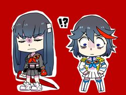  !? 2girls chibi commentary_request cosplay costume_switch epaulettes gloves junketsu kill_la_kill kiryuuin_satsuki matoi_ryuuko multicolored_hair multiple_girls scissor_blade_(kill_la_kill) senketsu shoes single_glove skirt sneakers suspenders sweatdrop two-tone_hair uri_(uryu002) 