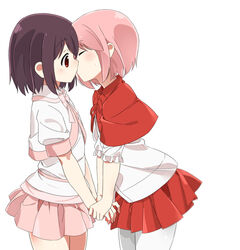  2girls black_hair blush bow brown_eyes capelet closed_eyes commentary_request cowboy_shot eyebrows frilled_sleeves frills holding_hands kissing multiple_girls numenume_(powa-ogutyogutyo) oroku_kokoro pantyhose pink_hair pink_skirt pleated_skirt red_skirt saki_(manga) shiratsuki_shino short_hair simple_background skirt white_background white_legwear yuri 