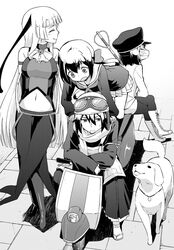  2boys 2girls canine commentary_request greyscale helmet inari_(kyousougiga) koto_(kyousougiga) kyousougiga lady_koto long_hair monochrome motor_vehicle motorcycle multiple_boys multiple_girls myoue nagian ponytail school_uniform serafuku smile 