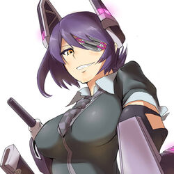  checkered_necktie commentary_request eyepatch female from_below gloves grin headgear kantai_collection looking_at_viewer machinery necktie orange_eyes purple_hair scabbard shao_(newton) sheath short_hair smile solo tenryuu_(kancolle) turret 